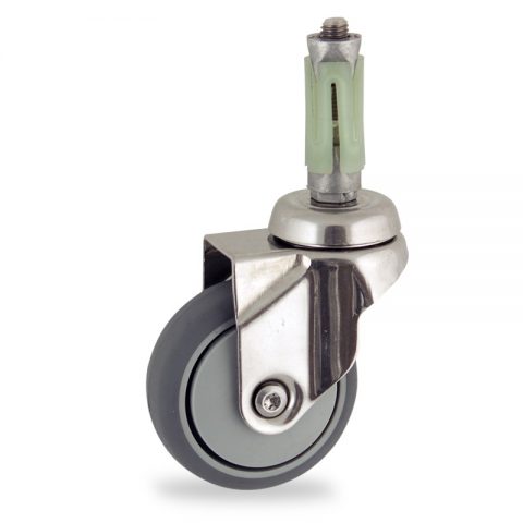 Stainless swivel castor 50mm for light trolleys,wheel made of grey rubber,precision bearing.Round expander 26/30