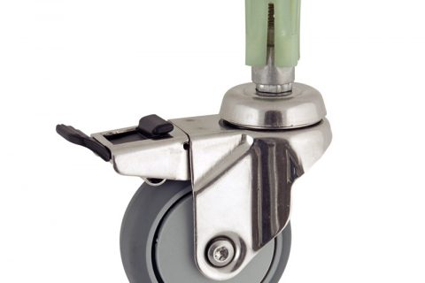 Stainless total lock castor 50mm for light trolleys,wheel made of grey rubber,precision bearing.Square expander 21/24