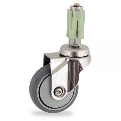 Stainless swivel castor 50mm for light trolleys,wheel made of grey rubber,precision bearing.Square expander 31/35